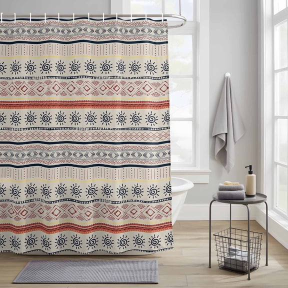 Bathroom Shower Curtain Boho Stripe Retro Ethnic Style Waterproof Shower Curtains with Hooks, Indian Sketch Sun Art Abstract Line Bath Curtains Bathtub Curtain Home Decor 36x72in