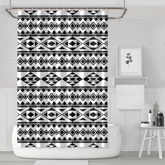 Bathroom Shower Curtain Boho Style Waterproof Fabric with Tribal Vintage Nordic Patterns, Artistic Aesthetic Bohemian Curtain for Home, Spa, Hotel, or Seasonal Earthy Decor, with Hooks