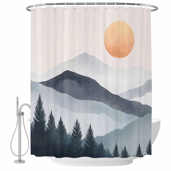 Bathroom Shower Curtain Boho Sun Mountains Forest Shadow Waterproof Shower Curtains with Hooks, Abstract Geometric Bath Curtains Bathtub Curtain Home Decor 60x72in