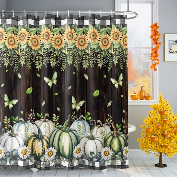 Bathroom Shower Curtain Botanical Pumpkin Plant Flower Waterproof Shower Curtains with Hooks 36x72in, Black White Plaid and Yellow Bath Curtains Bathtub Curtain Home Decor