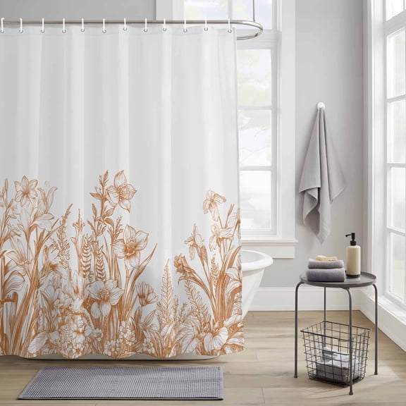 Bathroom Shower Curtain Brown Iris Flower Lavender on White Waterproof Shower Curtains with Hooks, Country Plants Bath Curtains Bathtub Curtain Home Decor 36x72in