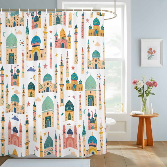 Bathroom Shower Curtain Cartoon Castle Towel Sketch on White Waterproof Shower Curtains with Hooks, Star Moon Sun Cloud Bath Curtains Bathtub Curtain Home Decor 72x84in