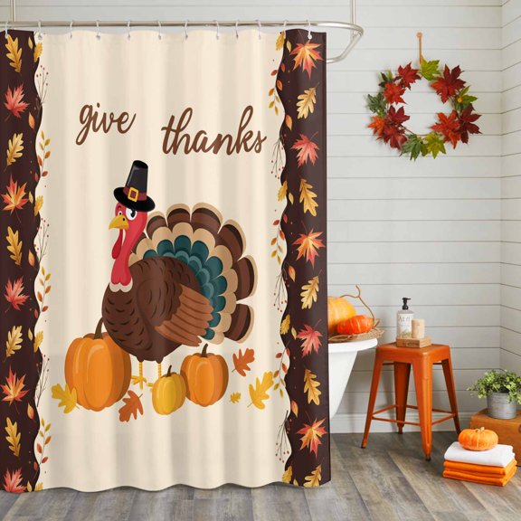 Bathroom Shower Curtain Cartoon Turkey Fall Thanksgiving Pumpkin Waterproof Shower Curtains with Hooks 48x72in, Rural Orange Maple Leaves Bath Curtains Bathtub Curtain Home Decor