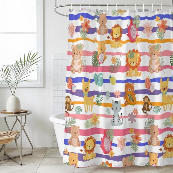 Bathroom Shower Curtain Cartoons Animals Lions Camels Waterproof Shower Curtains with Hooks, Pink Blue Striped Bath Curtains Bathtub Curtain Home Decor 36x72in