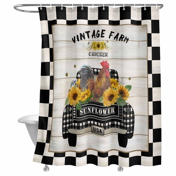 Bathroom Shower Curtain Chicken Old-fashioned Trucks on Vintage Waterproof Shower Curtains with Hooks, Farm Buffalo Plaid Bath Curtains Bathtub Curtain Home Decor 72x72in