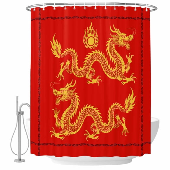 Bathroom Shower Curtain Chinese Spring Festival Waterproof Shower Curtains with Hooks, New Year Dragons on Red under Bath Curtains Bathtub Curtain Home Decor 60x72in