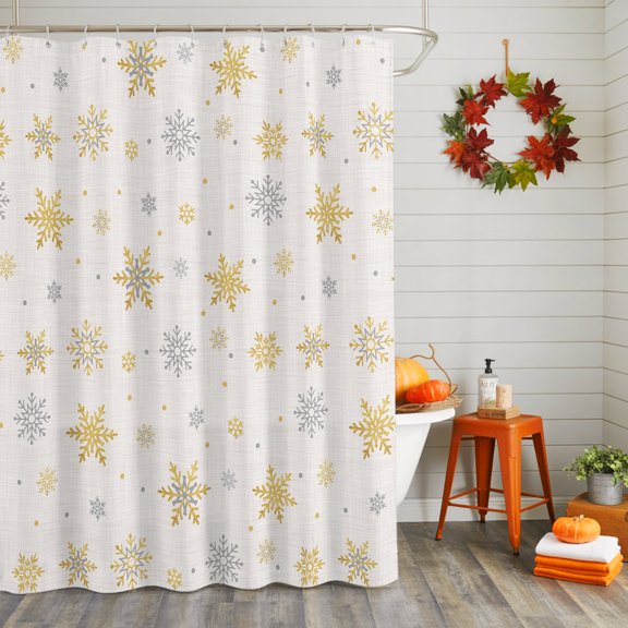 Bathroom Shower Curtain Christmas Gold Snowflake Retro Linen Waterproof Shower Curtains with Hooks 48x72in, Winter Falling Snow Bath Curtains Bathtub Curtain Home Decor