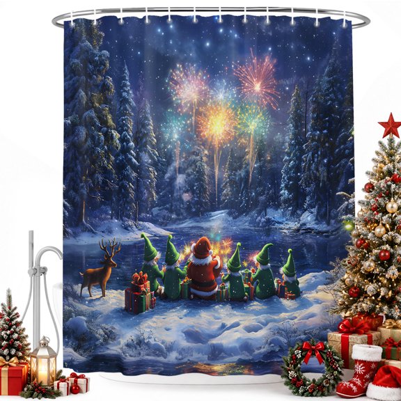 Bathroom Shower Curtain Christmas Santa Claus Elves Watching Fireworks Waterproof Shower Curtains with Hooks, Winter Snowflakes Bath Curtains Bathtub Curtain Home Decor 36x72in