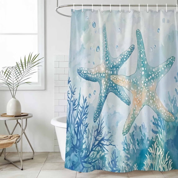 Bathroom Shower Curtain Coastal Gradient Coral Starfish Waterproof Shower Curtains with Hooks, Summer Ocean Animal Bath Curtains Bathtub Curtain Home Decor 36x72in
