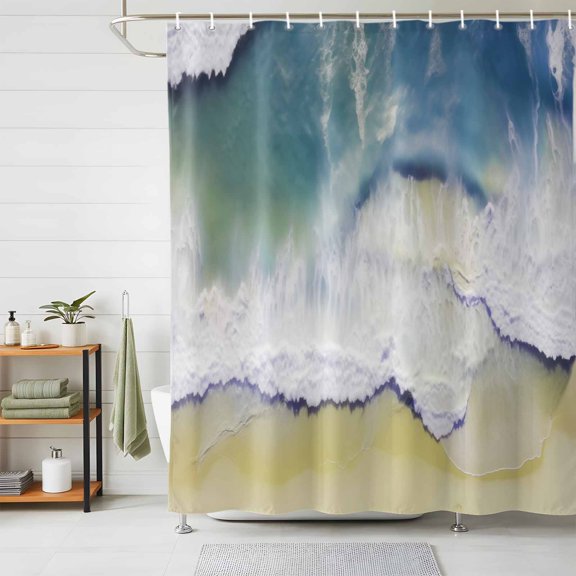 Bathroom Shower Curtain Coastal Seaside Sea Waves on Beach Waterproof Shower Curtains with Hooks, Abstract Ocean Blue Painted Bath Curtains Bathtub Curtain Home Decor 48x72in