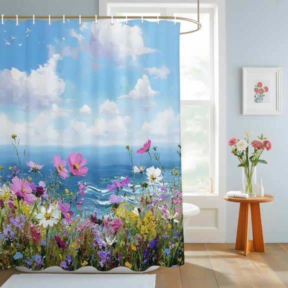 Bathroom Shower Curtain Coastal Watercolor Wildflowers Waterproof Shower Curtains with Hooks, Blue Sky White Clouds Bath Curtains Bathtub Curtain Home Decor 72x84in