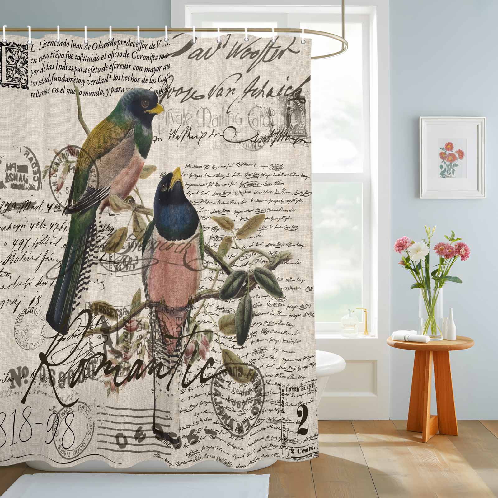 Bathroom Shower Curtain Colorful Bird Leaves Tree Branch Waterproof ...