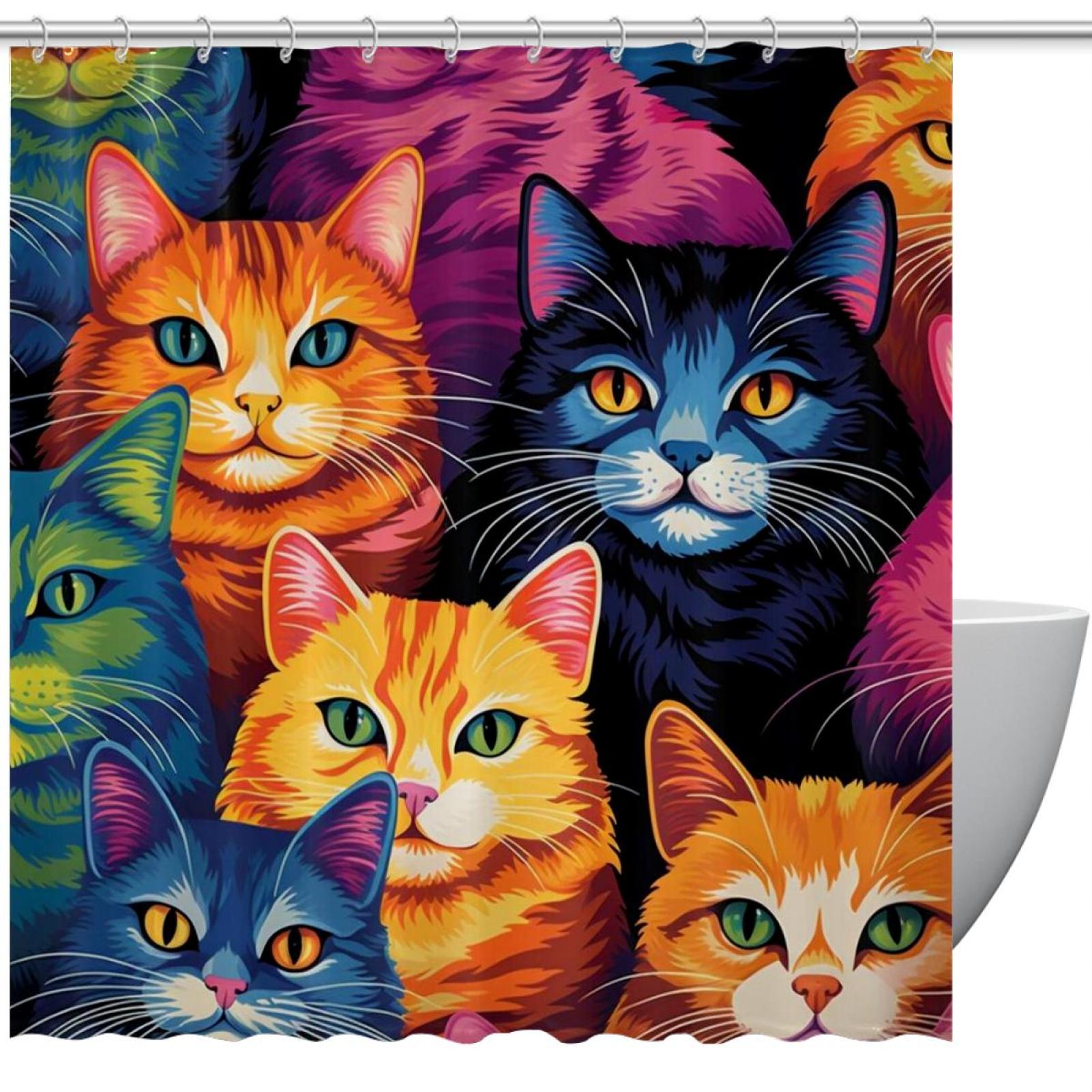 Bathroom Shower Curtain Colorful Cats, Waterproof Fabric Shower Curtain