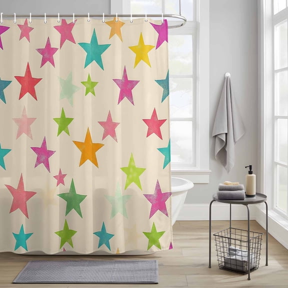 Bathroom Shower Curtain Colorful Stars Watercolor Art Waterproof Shower Curtains with Hooks, Vintage Pentagram Bath Curtains Bathtub Curtain Home Decor 36x72in