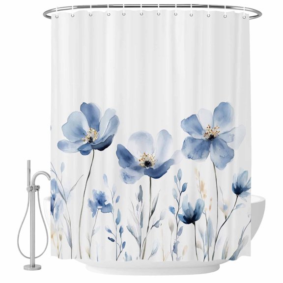 Bathroom Shower Curtain Country Blue Flower Watercolor Gradient Waterproof Shower Curtains with Hooks, Classical Flower Art Bath Curtains Bathtub Curtain Home Decor 60x72in