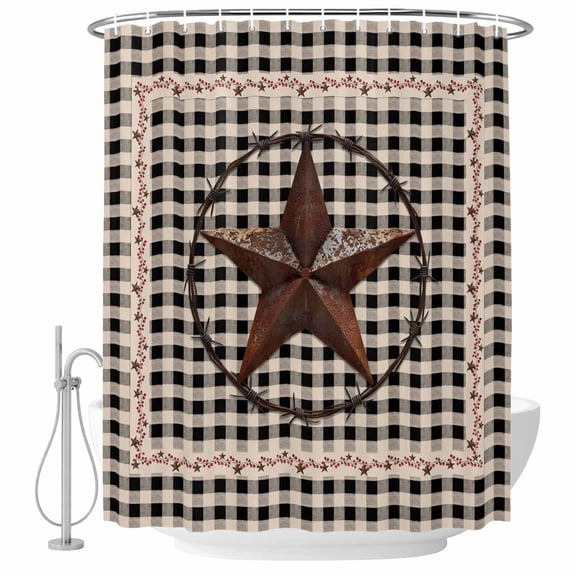 Bathroom Shower Curtain Country Country Star Waterproof Shower Curtains with Hooks, Retro Black Plaid Retro Linen Bath Curtains Bathtub Curtain Home Decor 60x72in
