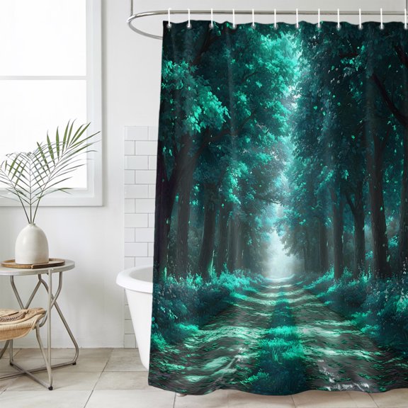 Bathroom Shower Curtain Country Forest Path Artwork Waterproof Shower Curtains with Hooks, Watercolor Green Plants Bath Curtains Bathtub Curtain Home Decor 36x72in