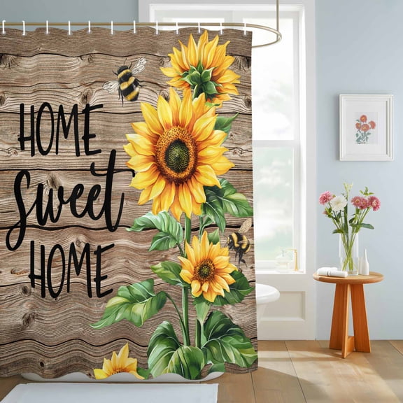Bathroom Shower Curtain Country Sunflower Bee Green Leaves Waterproof Shower Curtains with Hooks, Farm Retro Wood Board Bath Curtains Bathtub Curtain Home Decor 72x84in