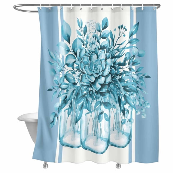 Bathroom Shower Curtain Country Teal Flower Botanical Waterproof Shower Curtains with Hooks, Modern Watercolor Stripes Bath Curtains Bathtub Curtain Home Decor 72x72in