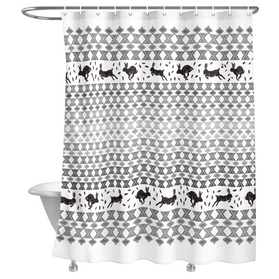 Bathroom Shower Curtain Cute Active Bunny Rabbit Silhouette Waterproof Shower Curtains with Hooks, Ethnic Geometric Grey Diamonds