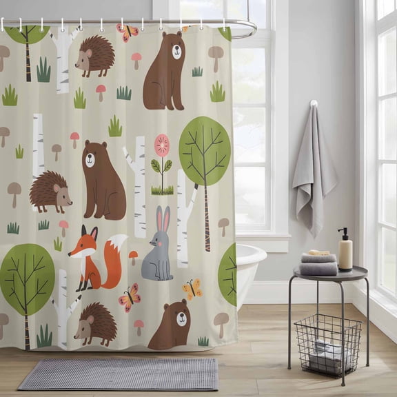Bathroom Shower Curtain Cute Bear Hedgehog Fox Waterproof Shower Curtains with Hooks, Cartoon Tree Wild Flower Bath Curtains Bathtub Curtain Home Decor 36x72in
