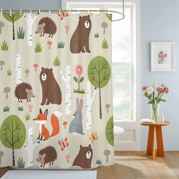 Bathroom Shower Curtain Cute Bear Hedgehog Fox Waterproof Shower Curtains with Hooks, Cartoon Tree Wild Flower Bath Curtains Bathtub Curtain Home Decor 72x84in