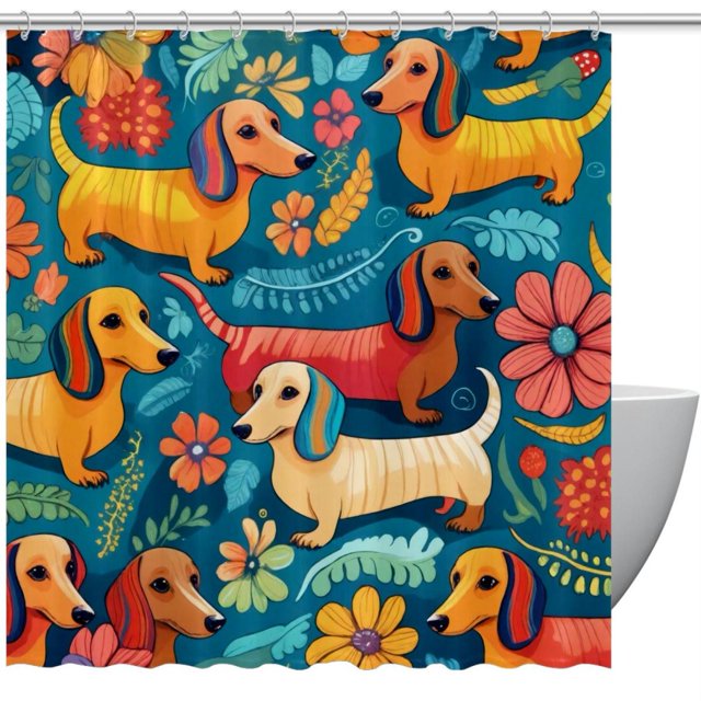 Bathroom Shower Curtain Dachshund Florals, Waterproof Fabric Shower