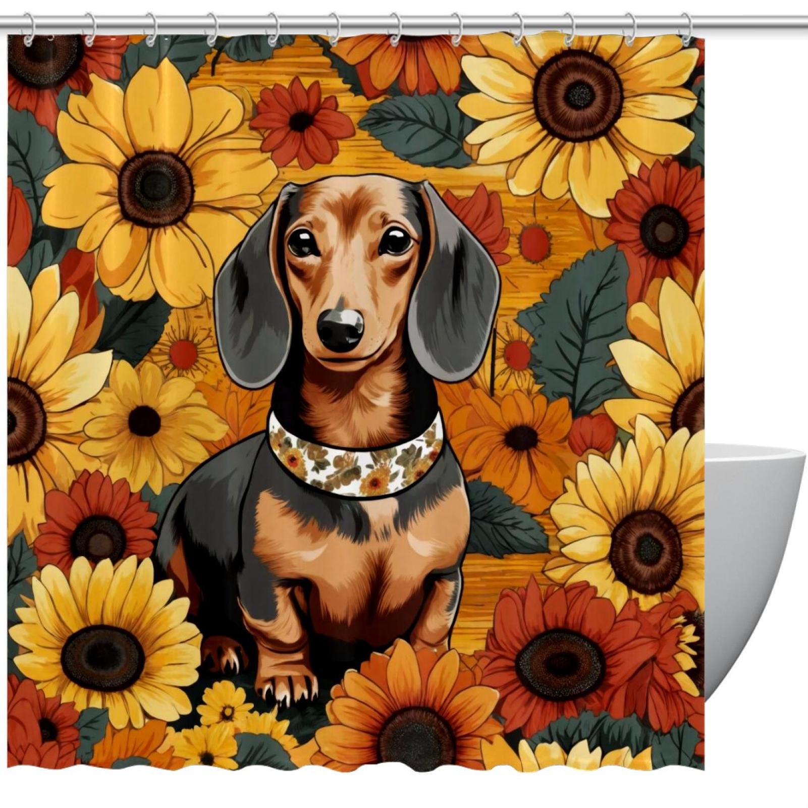Bathroom Shower Curtain Dachshund and Sunflowers, Waterproof Fabric