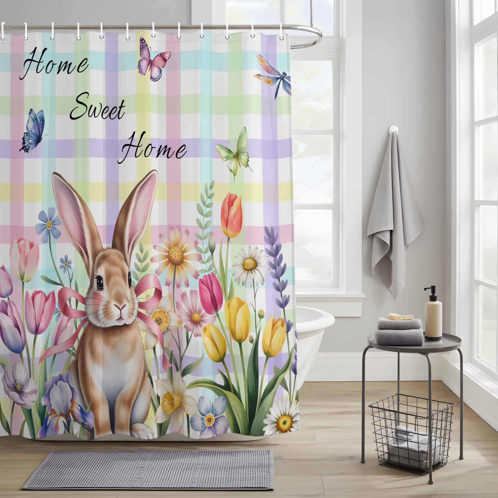 Bathroom Shower Curtain Easter Bunny Flowers Butterfly Waterproof