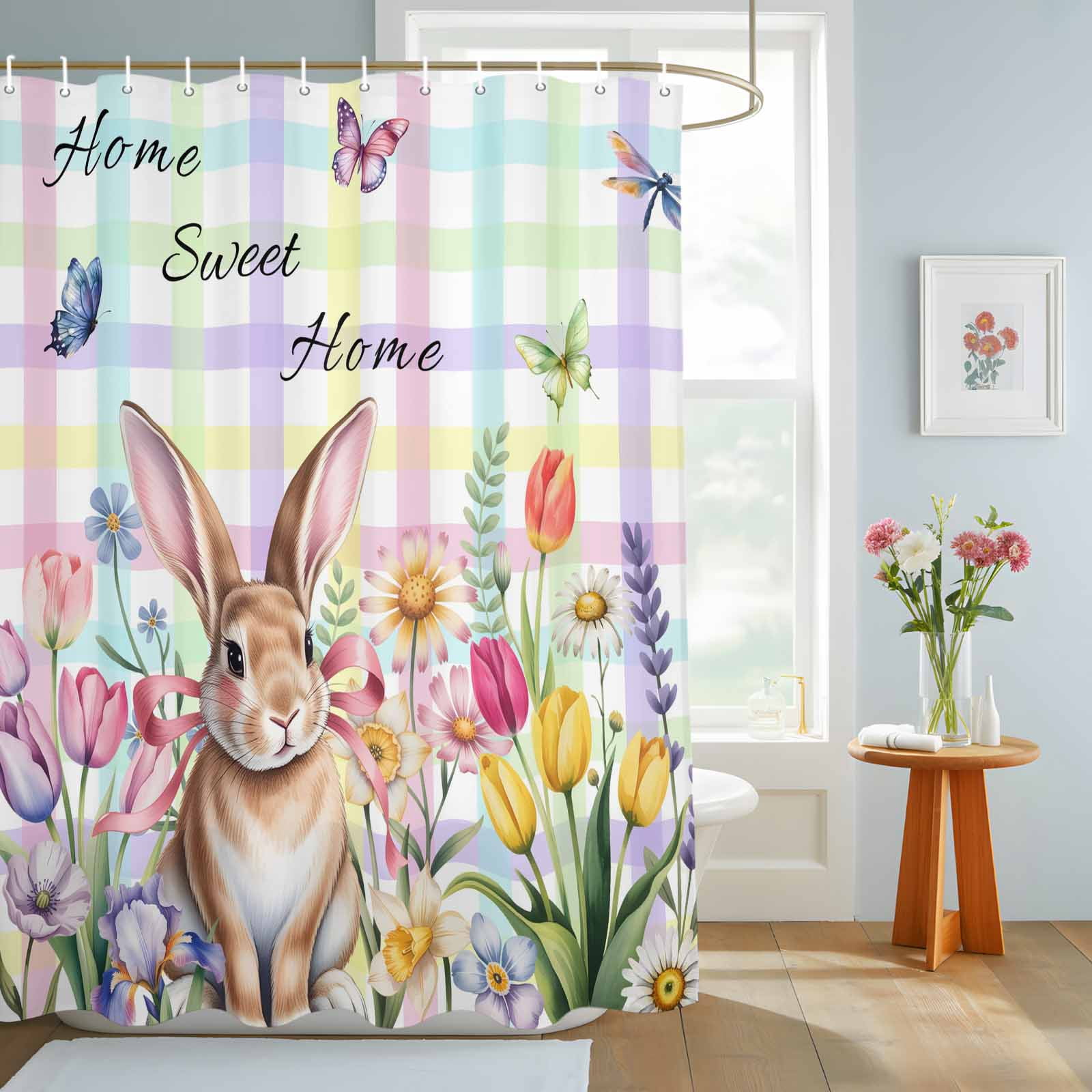 Bathroom Shower Curtain Easter Bunny Flowers Butterfly Waterproof