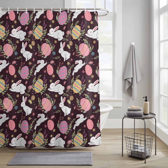 Bathroom Shower Curtain Easter Egg Bunny Country Herb Waterproof Shower Curtains with Hooks, Farmhouse Rabbit on Black Bath Curtains Bathtub Curtain Home Decor 36x72in