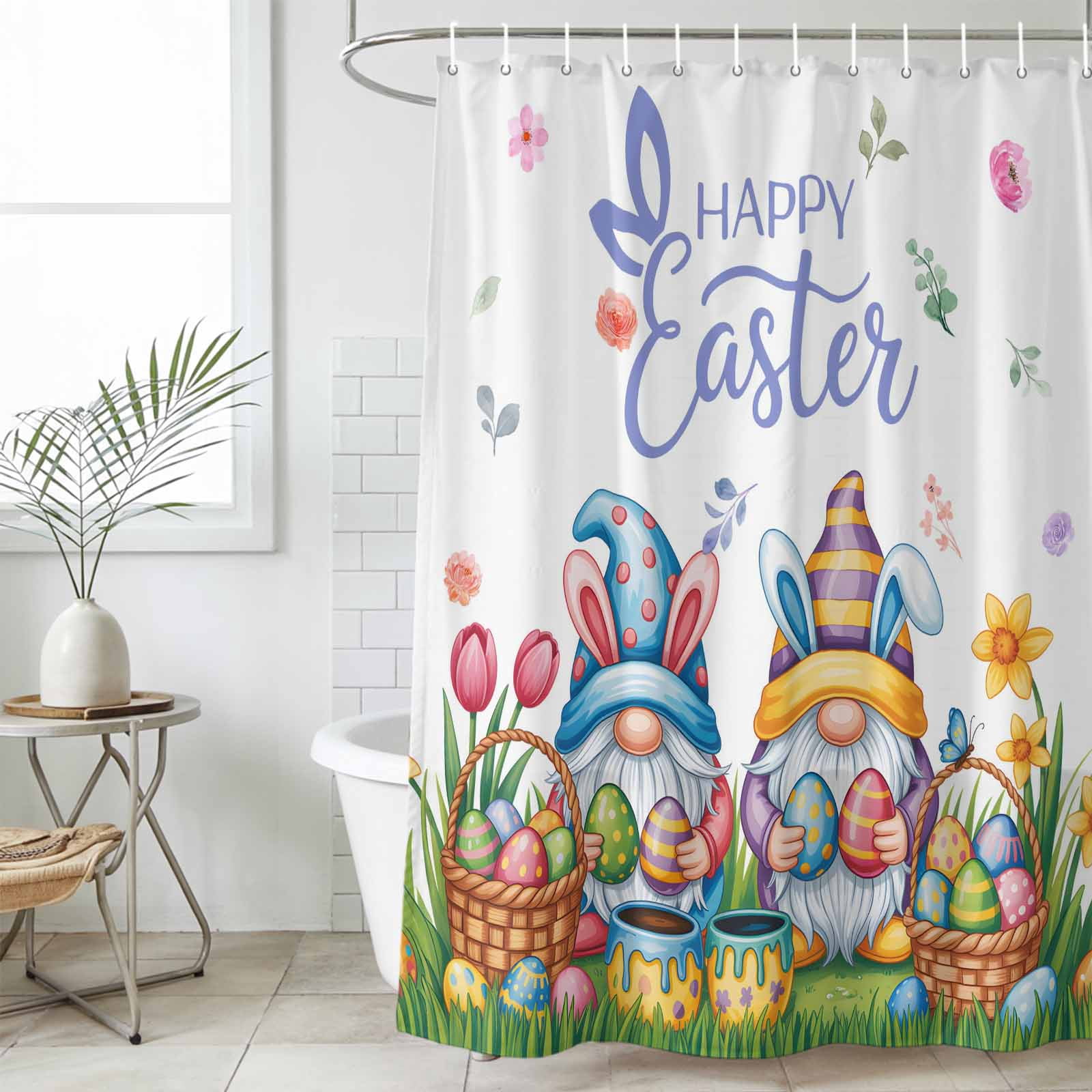 Bathroom Shower Curtain Easter Gnome Colorful Egg Waterproof Shower