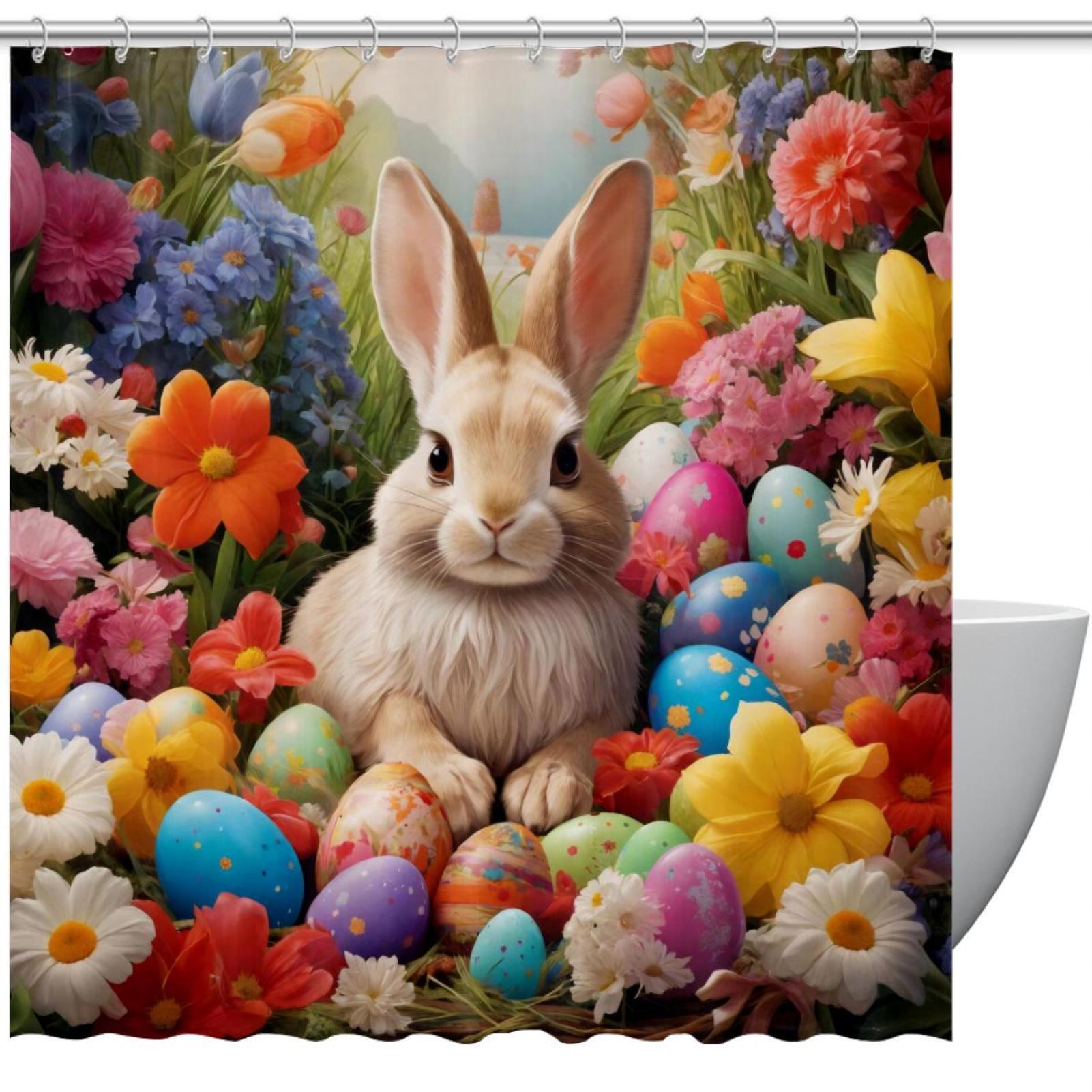 Bathroom Shower Curtain Easter Rabbit Eggs, Waterproof Fabric Shower