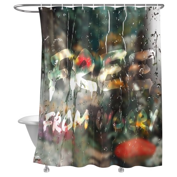Bathroom Shower Curtain FREE FROM WORRY Words Waterproof Shower Curtains with Hooks, Glass Raindrops