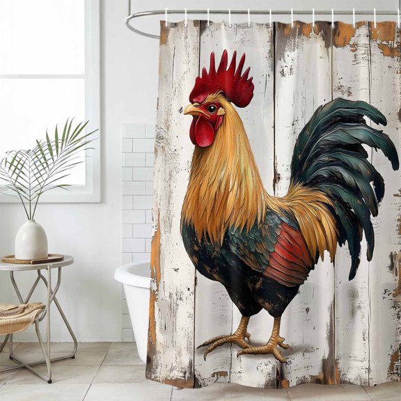 Bathroom Shower Curtain Farm Animal Rooster on Wood Waterproof Shower Curtains with Hooks, Chicken Retro Wooden Plank Bath Curtains Bathtub Curtain Home Decor 36x72in