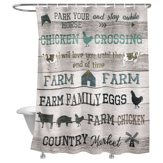 Bathroom Shower Curtain Farm Animal Vintage Plank Waterproof Shower ...