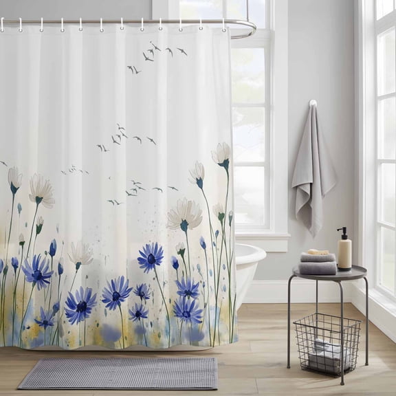 Bathroom Shower Curtain Farm Blue Flowers Bird Waterproof Shower Curtains with Hooks, Watercolor Country Floral Bath Curtains Bathtub Curtain Home Decor 36x72in