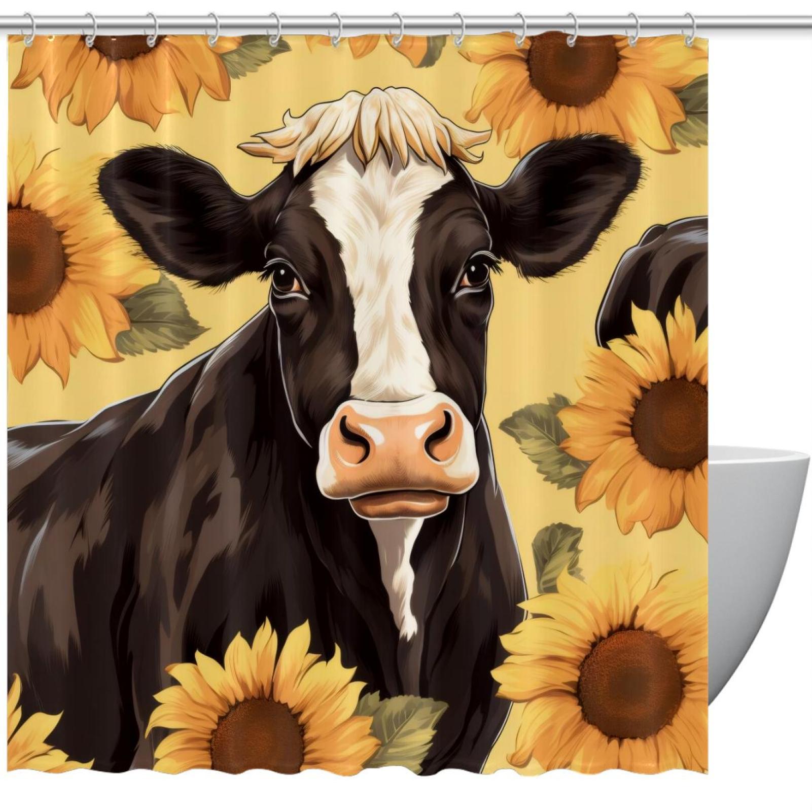 Bathroom Shower Curtain Farm Cow Sunflower, Waterproof Fabric Shower