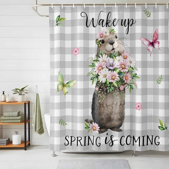 Bathroom Shower Curtain Farm Groundhog Butterfly Waterproof Shower Curtains with Hooks, Wake up Spring Is Coming Bath Curtains Bathtub Curtain Home Decor 48x72in