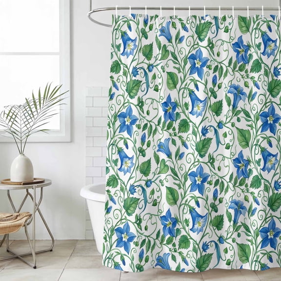 Bathroom Shower Curtain Farm Morning Glory Ombre Blue Waterproof Shower Curtains with Hooks, Green Leaves Plant Bath Curtains Bathtub Curtain Home Decor 36x72in