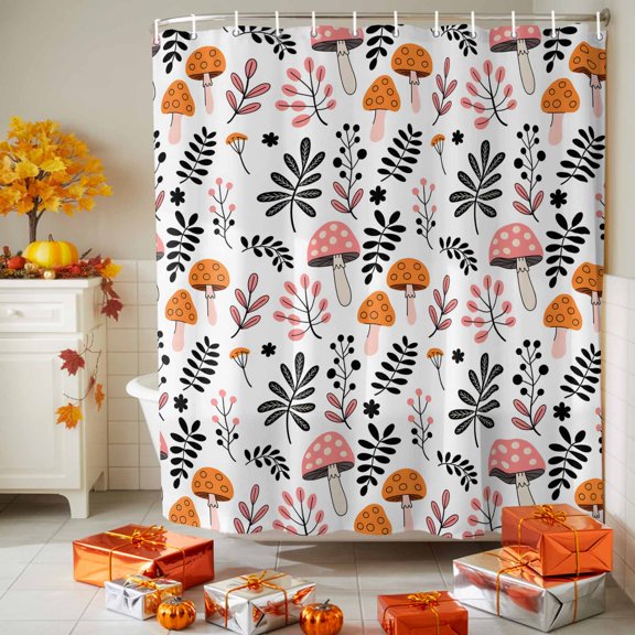 Bathroom Shower Curtain Farm Mushroom Leaf Cartoon Style Waterproof Shower Curtains with Hooks 72x96in, Autumn Leaves Seamless Bath Curtains Bathtub Curtain Home Decor