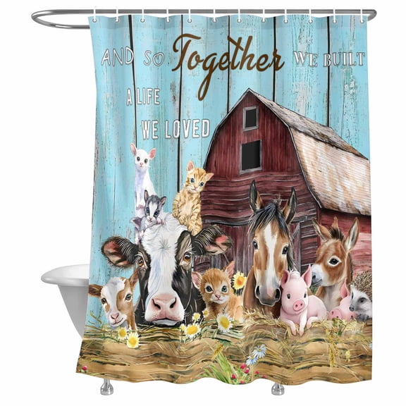 Bathroom Shower Curtain Farm Pig Horse Rabbit Barn Fence Wheat Waterproof Shower Curtains with Hooks, Vintage Blue Wood Board Bath Curtains Bathtub Curtain Home Decor 72x72in