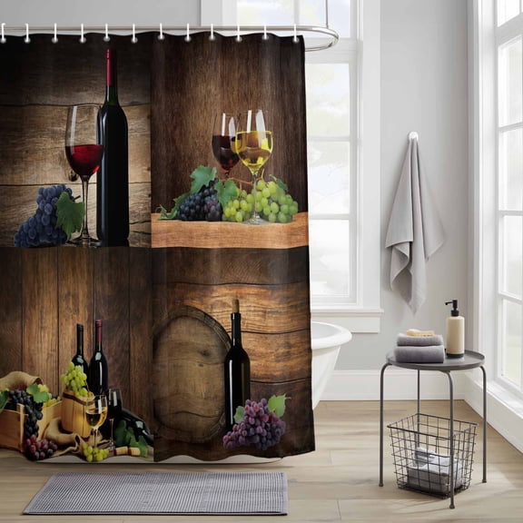 Bathroom Shower Curtain Farm Red Wine Grapes Wine Barrel Waterproof Shower Curtains with Hooks, Vintage Brown Wood Board Bath Curtains Bathtub Curtain Home Decor 36x72in