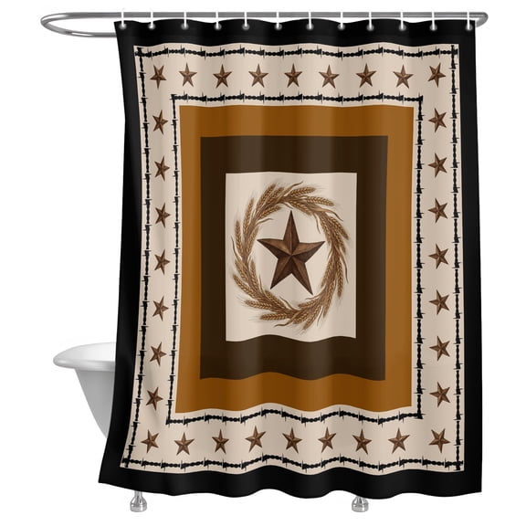 Bathroom Shower Curtain Farm Retro Western Star Wheat Waterproof Shower Curtains with Hooks, Vintage Rustic Art Square