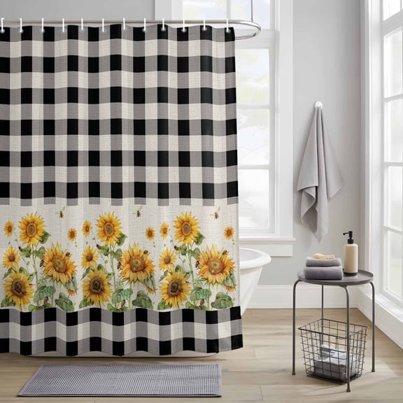 Bathroom Shower Curtain Farm Sunflower Plant Retro Black Check Waterproof Shower Curtains with Hooks, Rustic Watercolor Floral Bee Bath Curtains Bathtub Curtain Home Decor 36x72in