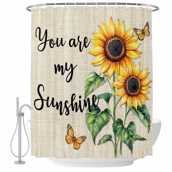 Bathroom Shower Curtain Farm Watercolor Sunflower Butterfly Waterproof Shower Curtains with Hooks, Sunshine Quote Rustic Flax Bath Curtains Bathtub Curtain Home Decor 60x72in