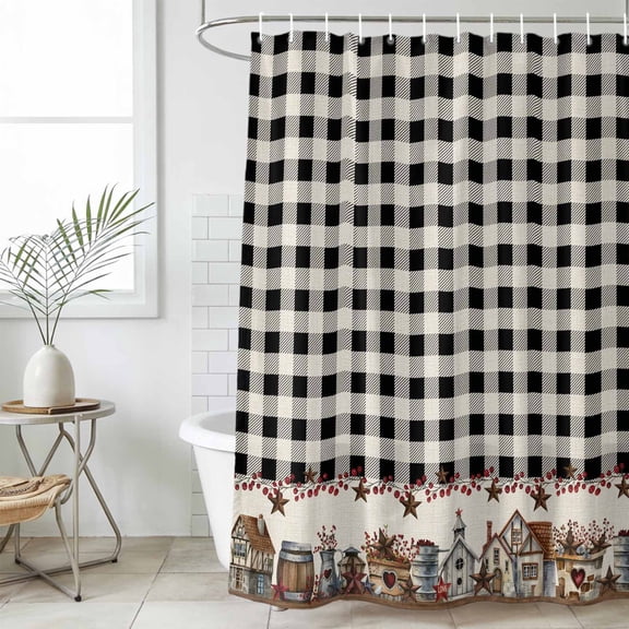 Bathroom Shower Curtain Farm Wooden House Black Buffalo Plaid Waterproof Shower Curtains with Hooks, Western Star Bath Curtains Bathtub Curtain Home Decor 36x72in