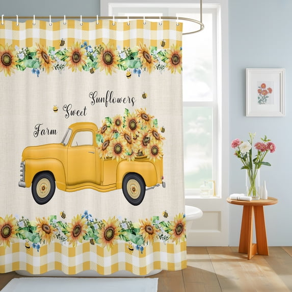 Bathroom Shower Curtain Farm Yellow Trucks Sunflowers on Linen ...