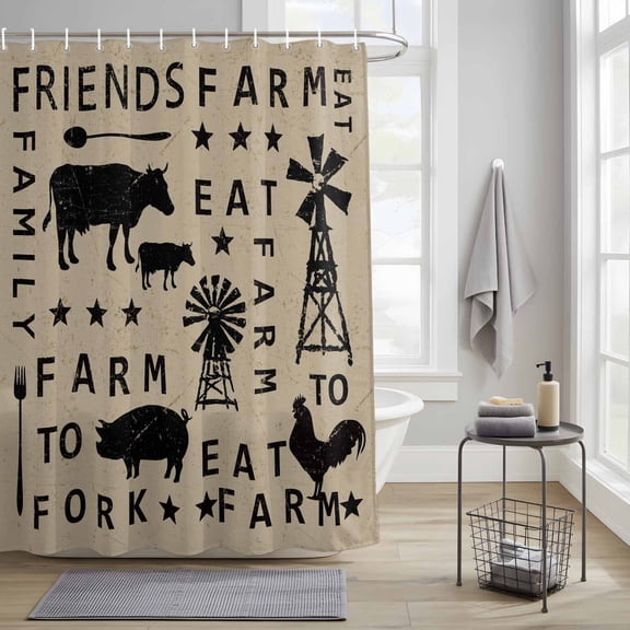 Bathroom Shower Curtain Farmhouse Animal Cow Pig Chicken Waterproof Shower Curtains with Hooks, Village Barn Retro Brown Bath Curtains Bathtub Curtain Home Decor 36x72in