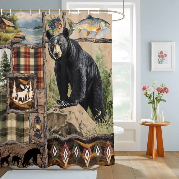 Bathroom Shower Curtain Farmhouse Bear Colorful Plaid Waterproof Shower Curtains with Hooks, Country Pastoral Landscape Bath Curtains Bathtub Curtain Home Decor 72x84in
